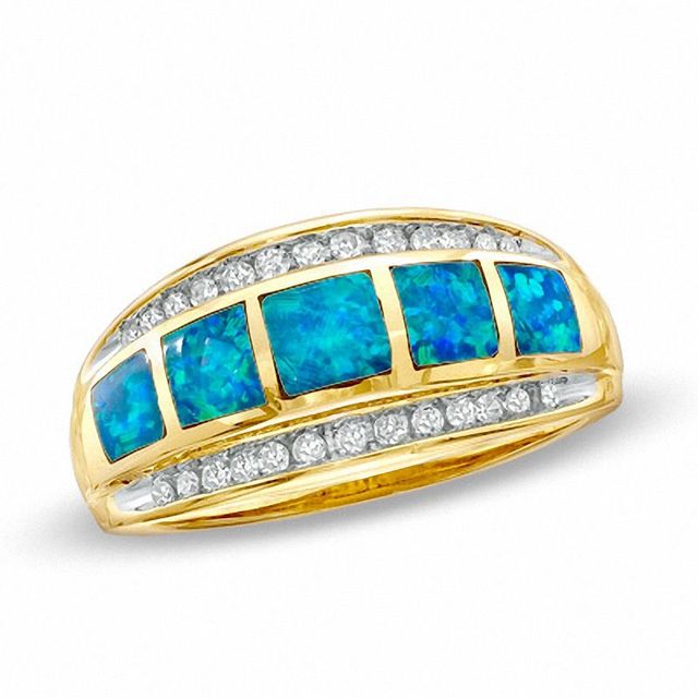 Cabochon Lab-Created Opal Inlay and 0.19 CT. T.W. Diamond Band in 10K Gold|Peoples Jewellers