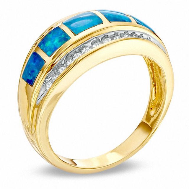 Cabochon Lab-Created Opal Inlay and 0.19 CT. T.W. Diamond Band in 10K Gold