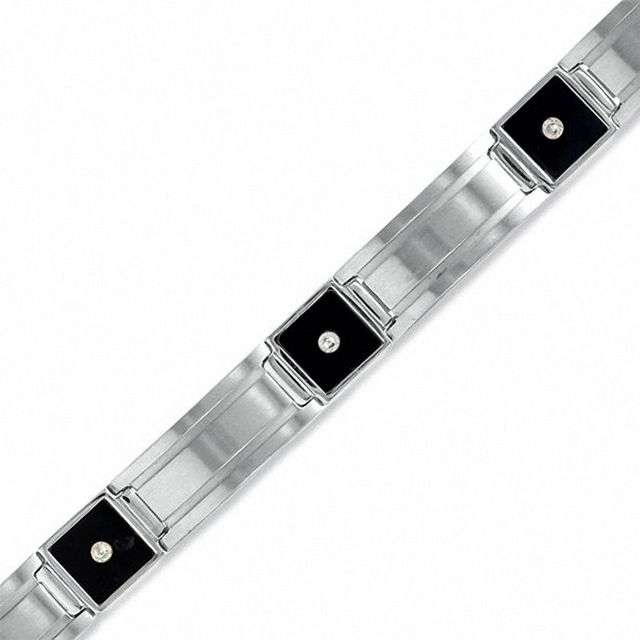 Men's Black Onyx and Diamond Accent Expansion Bracelet in Stainless Steel and 14K White Gold - 9.50"