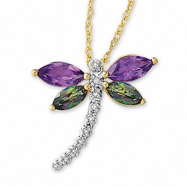 Mystic Fire® Topaz and Amethyst Dragonfly Pendant with Diamond Accents in 10K Gold|Peoples Jewellers