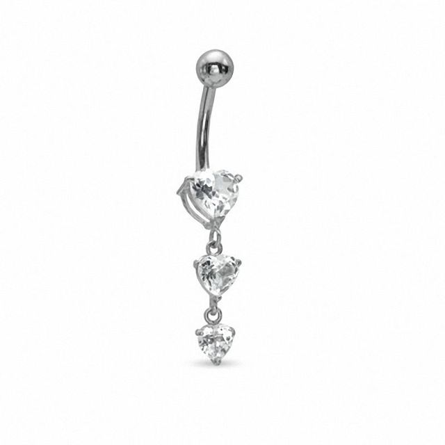 014 Gauge Three Heart Top Down Curved Barbell with Cubic Zirconia in 14K White Gold|Peoples Jewellers