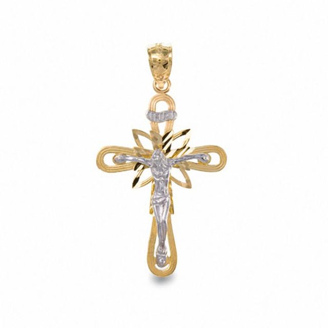 10K Two-Tone Gold Sunburst Crucifix Charm Pendant|Peoples Jewellers