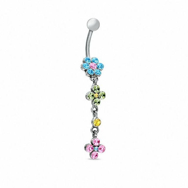 Flower Dangle Belly Button Ring with Multi-Colour Cubic Zirconia in Stainless Steel|Peoples Jewellers