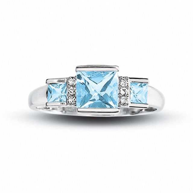Square Aquamarine Three Stone Ring in 10K White Gold with Diamond Accents|Peoples Jewellers