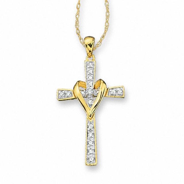0.09 CT. T.W. Diamond Cross and Heart Pendant in 10K Gold|Peoples Jewellers