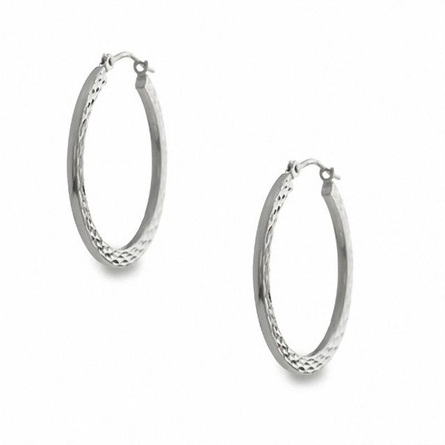 14K White Gold 25mm Diamond Cut Slimline Hoop Earrings|Peoples Jewellers
