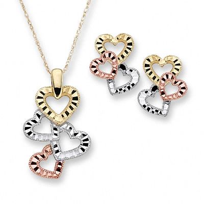 Heart Pendant and Earring Set in Tri-Colour 10K Gold|Peoples Jewellers