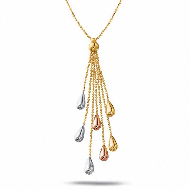 10K Tri-Colour Gold Beaded Drop Necklace with a Polished Finish|Peoples Jewellers