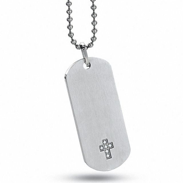 Men's Stainless Steel Dog Tag Pendant on a Bead Chain with Diamond Accent Cross