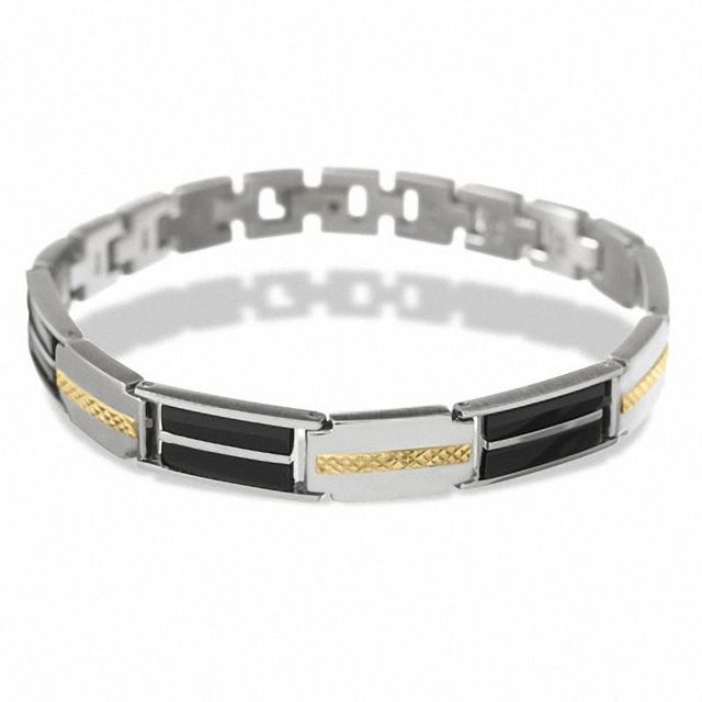 Men's Onyx Link Bracelet in Stainless Steel and 10K Gold|Peoples Jewellers