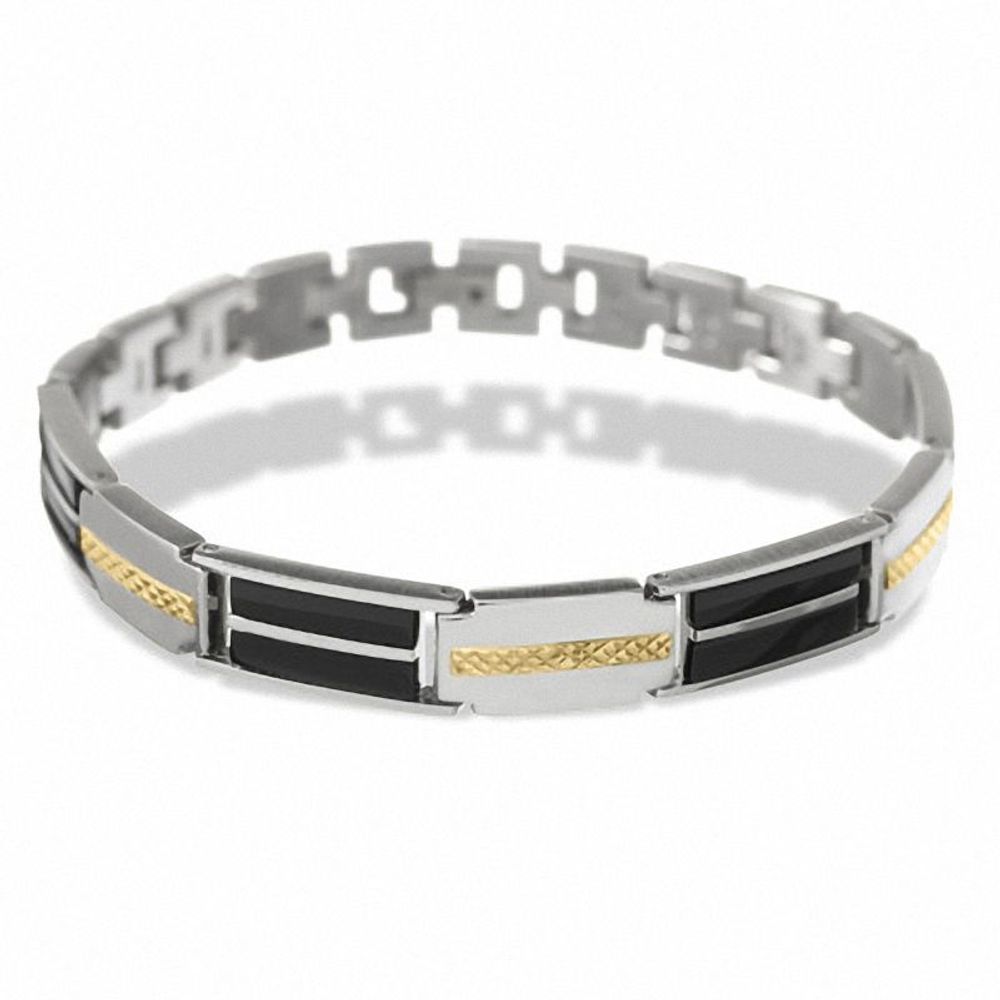 Men's Onyx Link Bracelet in Stainless Steel and 10K Gold|Peoples Jewellers