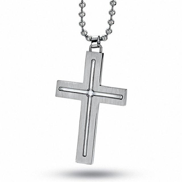 Men's Stainless Steel Cross Pendant on a Bead Chain with Diamond Accent|Peoples Jewellers