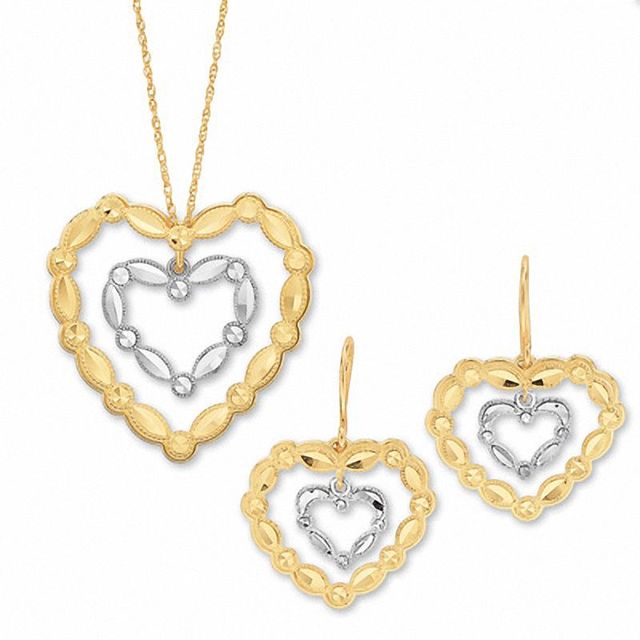 10K Two-Tone Gold Double Heart Pendant and Earrings Set|Peoples Jewellers