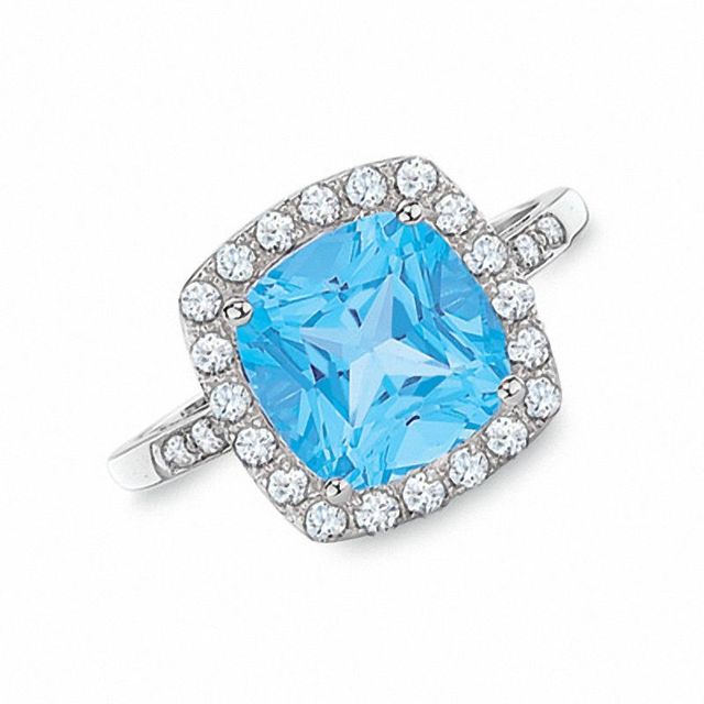 Cushion-Cut Blue Topaz and Lab-Created White Sapphire Ring in 10K White Gold with Diamond Accents|Peoples Jewellers