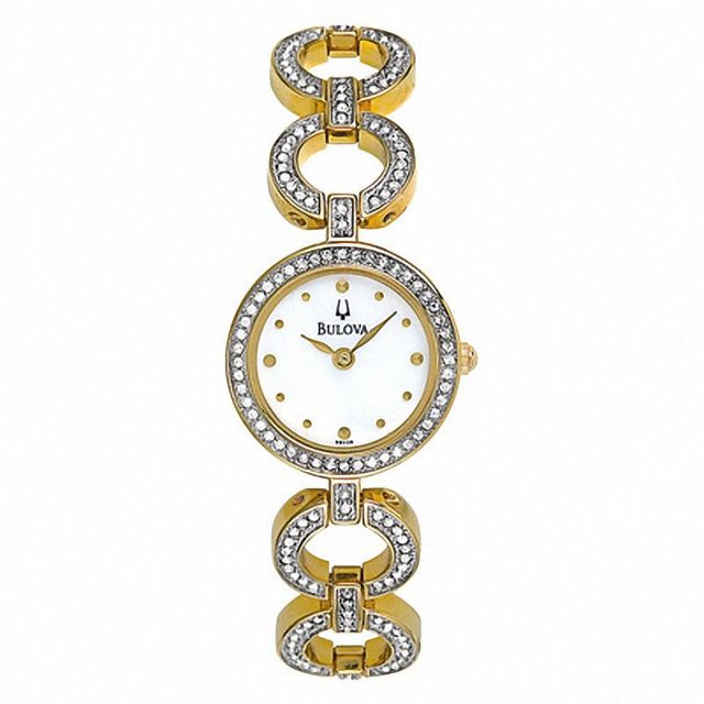 Ladies' Bulova Gold-Tone Crystal Accent Watch with Mother-of-Pearl Dial (Model: 98V26)|Peoples Jewellers