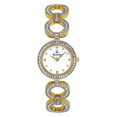 Ladies' Bulova Gold-Tone Crystal Accent Watch with Mother-of-Pearl Dial (Model: 98V26)|Peoples Jewellers