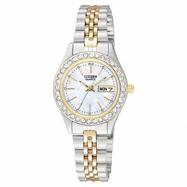 Ladies' Citizen Two-Tone Watch with Crystals and Mother-Of-Pearl Dial (EQ0534-50D)|Peoples Jewellers