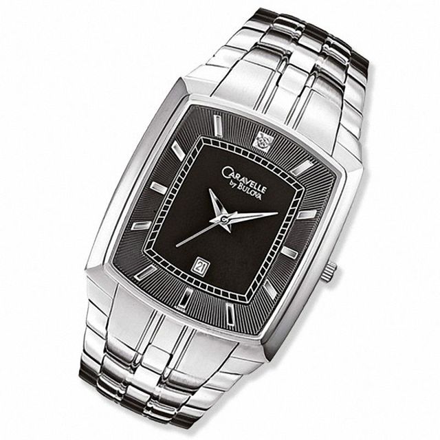 Men's Caravelle Stainless Steel Watch with Black Dial and Diamond Accent (Model: 43D001)|Peoples Jewellers