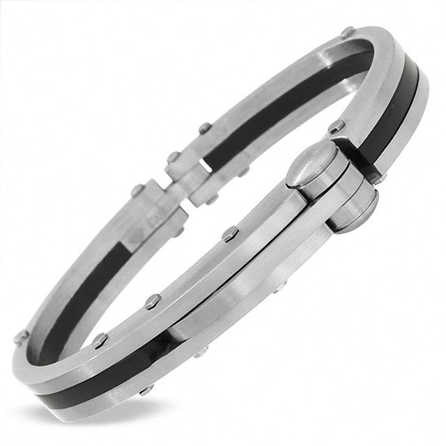 Men's Stainless Steel and Black Rubber Fashion Cuff|Peoples Jewellers