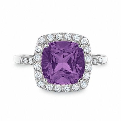 Cushion-Cut Amethyst Ring with Lab-Created White Sapphire and Diamond Accents in 10K White Gold|Peoples Jewellers