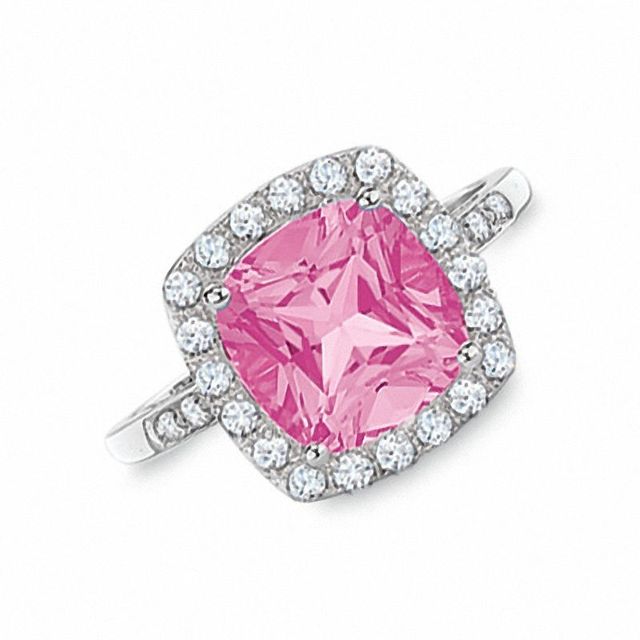 Lab-Created Pink and White Sapphire Ring in 10K White Gold with Diamond Accents