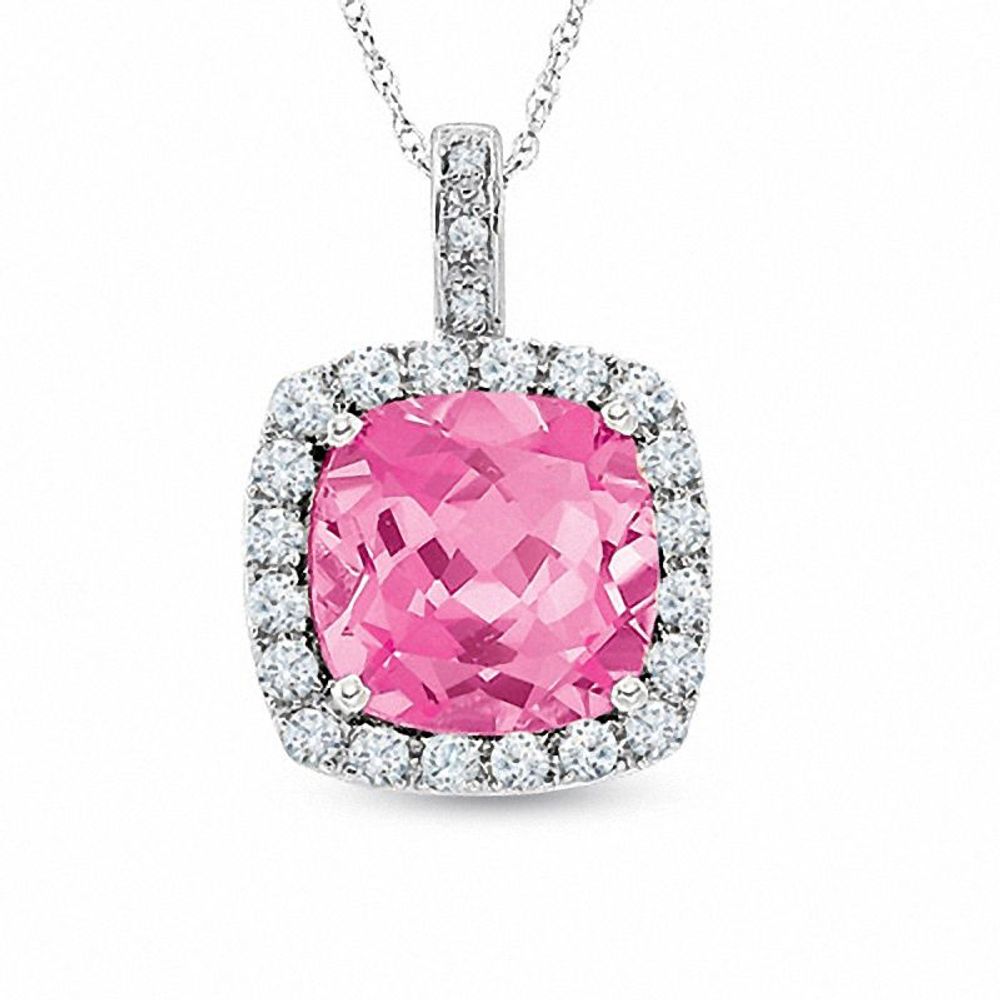 Cushion-Cut Lab-Created Pink and White Sapphire Pendant in 10K White Gold with Diamond Accents|Peoples Jewellers