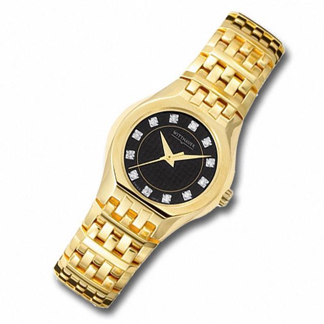 Ladies' Wittnauer Laureate Diamond Accent Gold-Tone Watch with Black Dial (Model: 11P12)