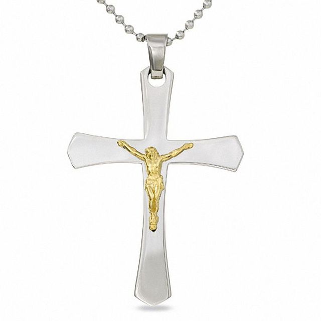 Stainless Steel and 10K Gold Large Crucifix Pendant - 24.0"