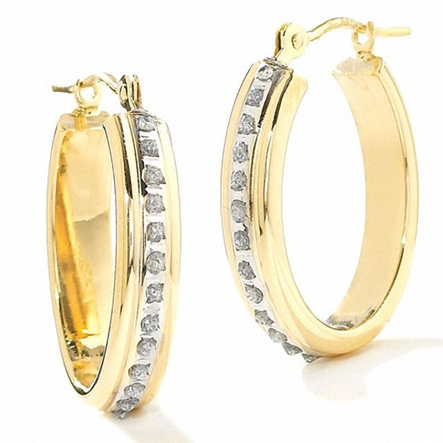 Diamond Fascination™ Medium Ribbed Oval Hoop Earrings in 14K Gold|Peoples Jewellers