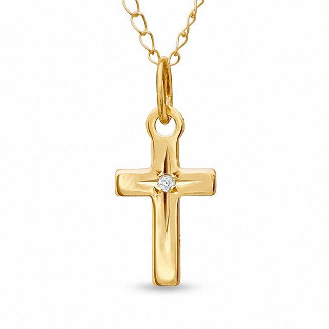 Child's Diamond Accent Cross Pendant in 10K Gold - 13"