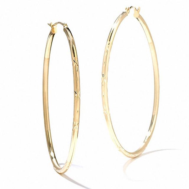 14K Gold 47mm Satin and Diamond-Cut Hinged Hoop Earrings|Peoples Jewellers