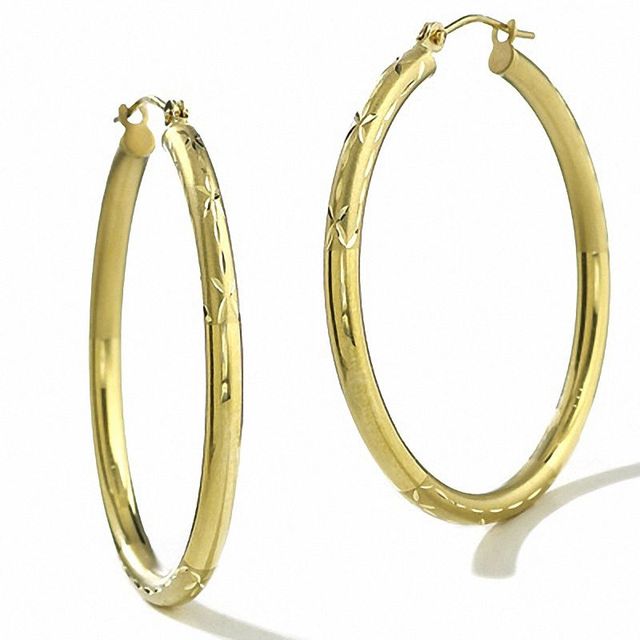 14K Gold 35mm Satin and Diamond Cut Hoop Earrings|Peoples Jewellers