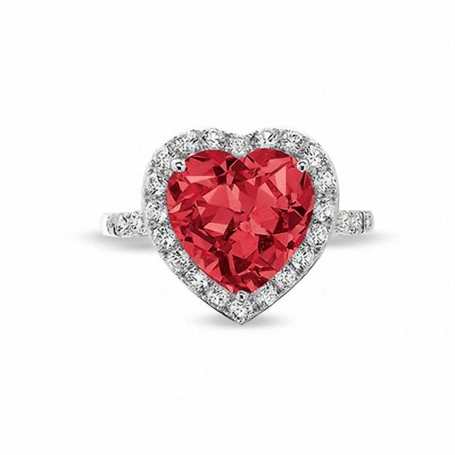 11.0mm Heart-Shaped Lab-Created Ruby Frame Ring with White Sapphire and Diamond Accents in 10K White Gold