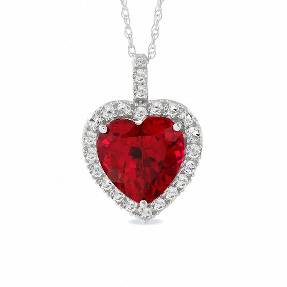 Heart Shaped Lab-Created Ruby And White Sapphire Pendant in 10K White Gold with Diamond Accents|Peoples Jewellers