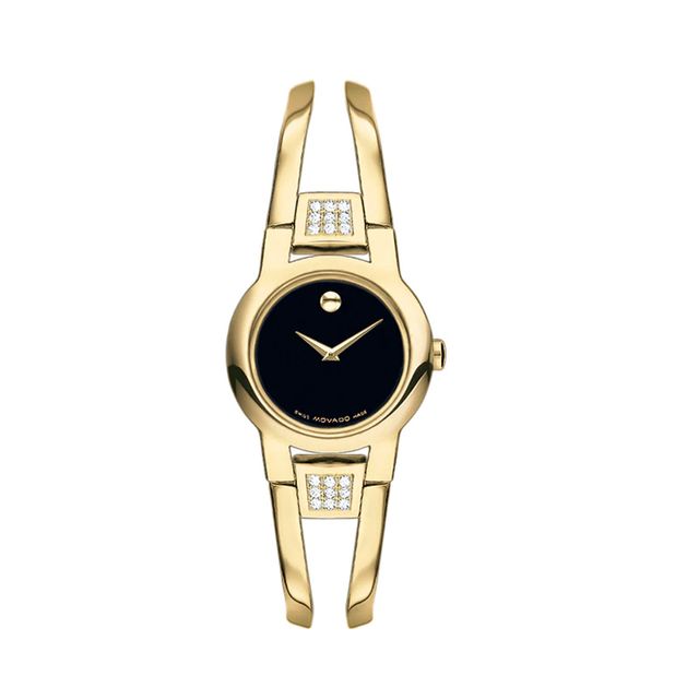 Ladies' Movado Amorosa® Diamond Accent Gold-Tone PVD Watch with Black Dial (Model: 0606895)|Peoples Jewellers
