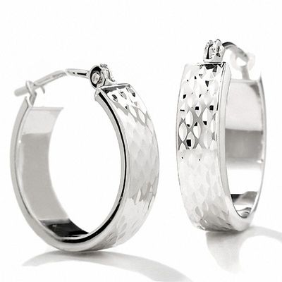 14K White Gold 15mm Diamond Cut Wedding Band Round Hoop Earrings|Peoples Jewellers
