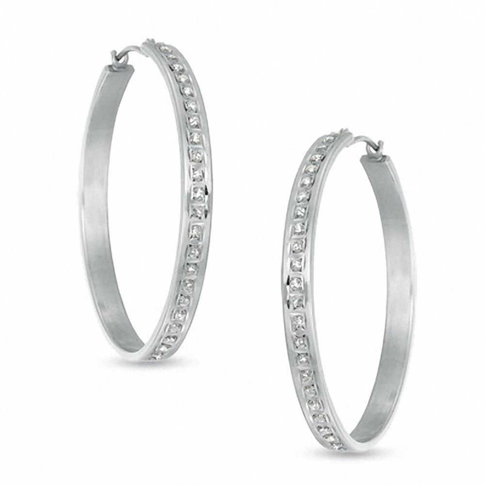 Diamond Fascination™ 35mm Round Hoop Earrings in 14K White Gold|Peoples Jewellers