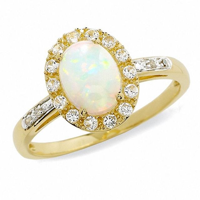 Oval Lab-Created Opal and White Sapphire Ring in 14K Gold with Diamond Accents