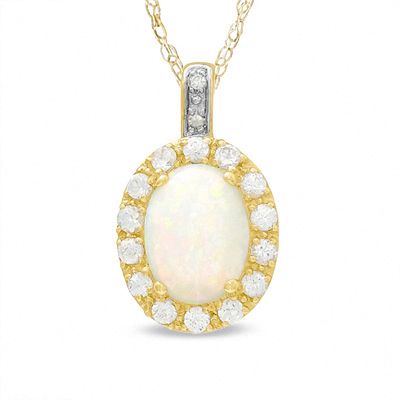 Oval Lab-Created Opal and White Sapphire Pendant in 10K Gold with Diamond Accents|Peoples Jewellers