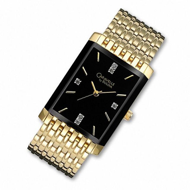 Men's Caravelle Diamond Accent Gold-Tone Watch with Black Dial (Model: 44D001)|Peoples Jewellers