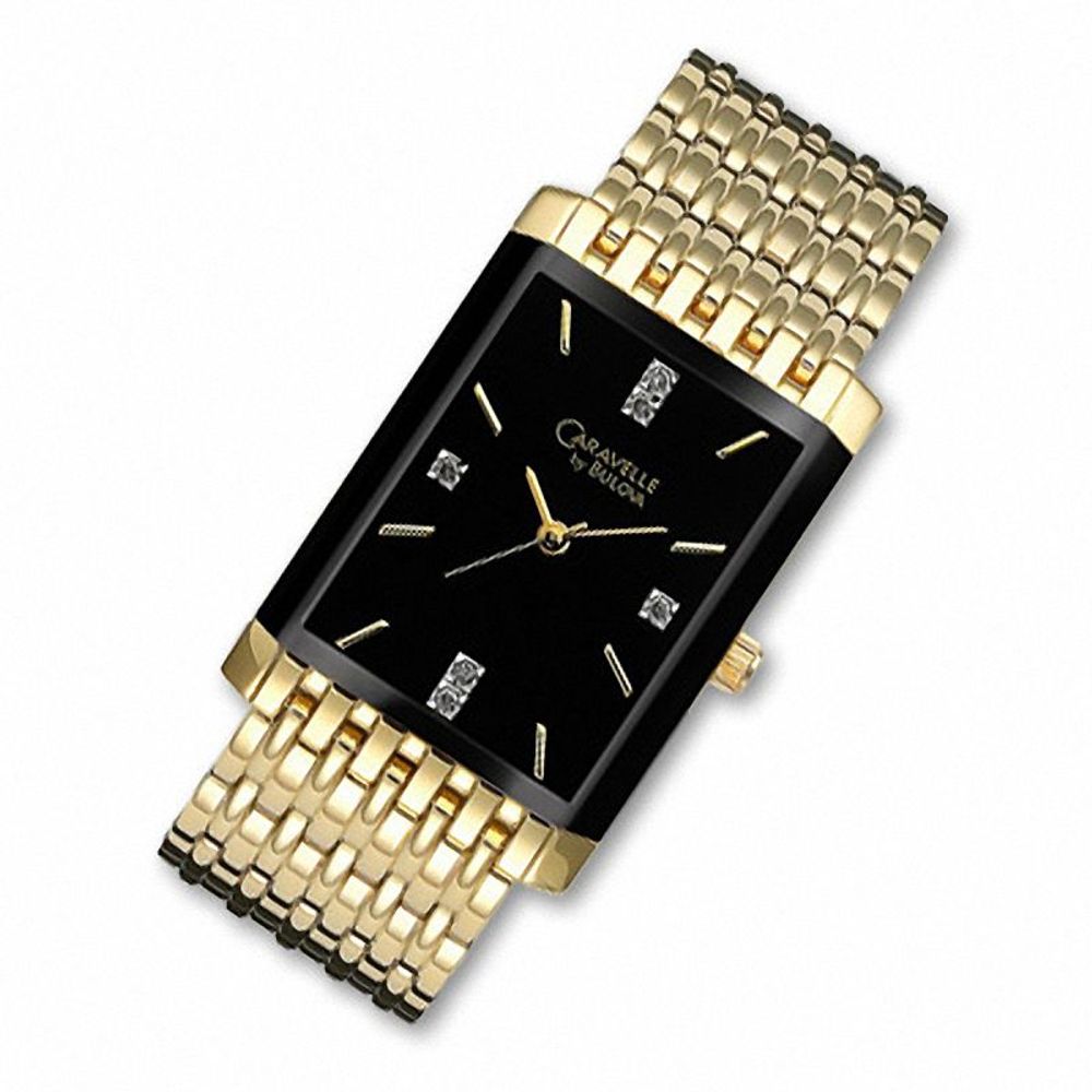 Men's Caravelle Diamond Accent Gold-Tone Watch with Black Dial (Model: 44D001)|Peoples Jewellers