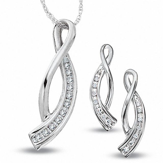 0.10 CT. T.W. Journey Diamond Twist Pendant and Earrings Set in 10K White Gold|Peoples Jewellers
