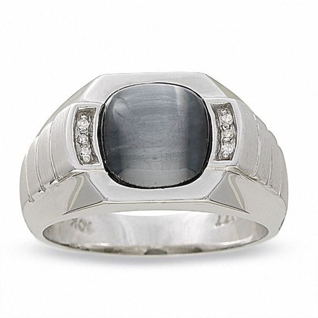 Men's Lab-Created Cats Eye Band with Diamond Accents in 10K White Gold|Peoples Jewellers