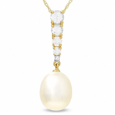 Freshwater Cultured Pearl Drop Pendant with Lab-Created White Sapphires and Diamond Accent in 10K Gold|Peoples Jewellers