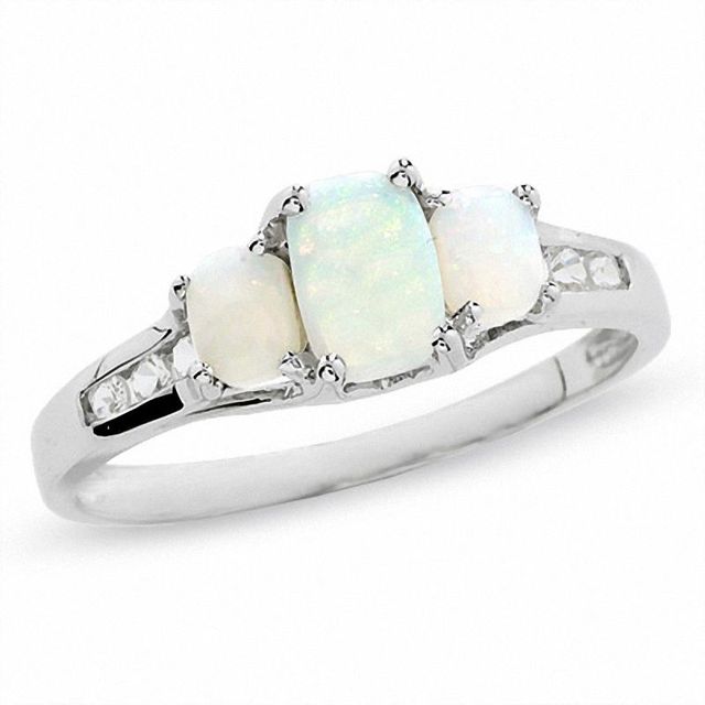 Emerald-Cut Opal Three-Stone Ring in 14K White Gold with White Topaz Accents|Peoples Jewellers