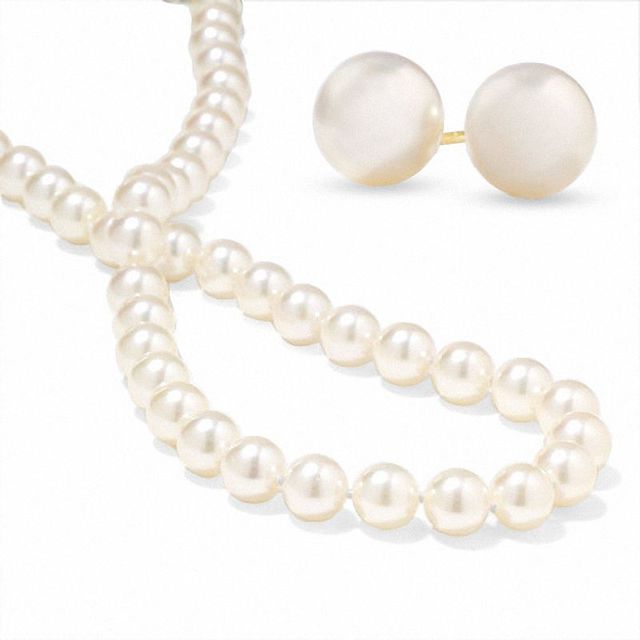 Blue Lagoon® by Mikimoto 7.5-8.0mm Akoya Cultured Pearl Strand Necklace and Stud Earrings Set in 14K Gold