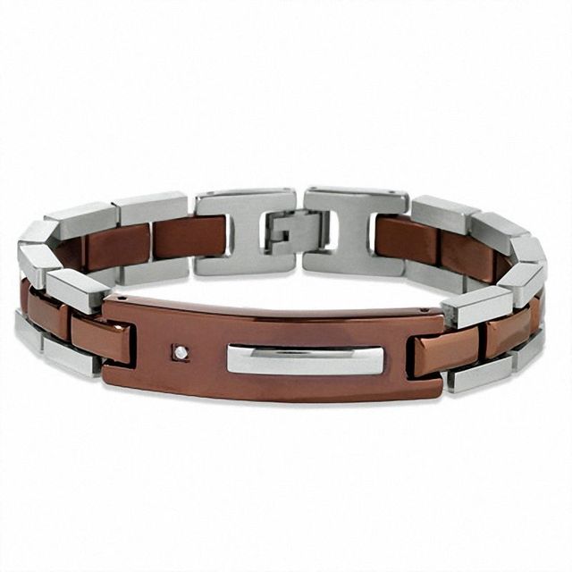 Men's Two-Tone Chocolate Stainless Steel ID Bracelet with Diamond Accents