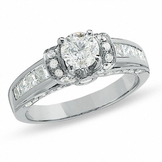 1.50 CT. T.W. Round Diamond Collar Engagement Ring in 14K White Gold with Princess-Cut Side Stones