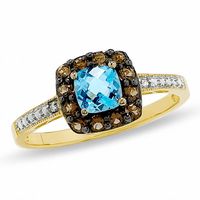 Cushion-Cut Blue Topaz and Smoky Quartz Ring in 10K Gold with Diamond Accents - Size 7|Peoples Jewellers