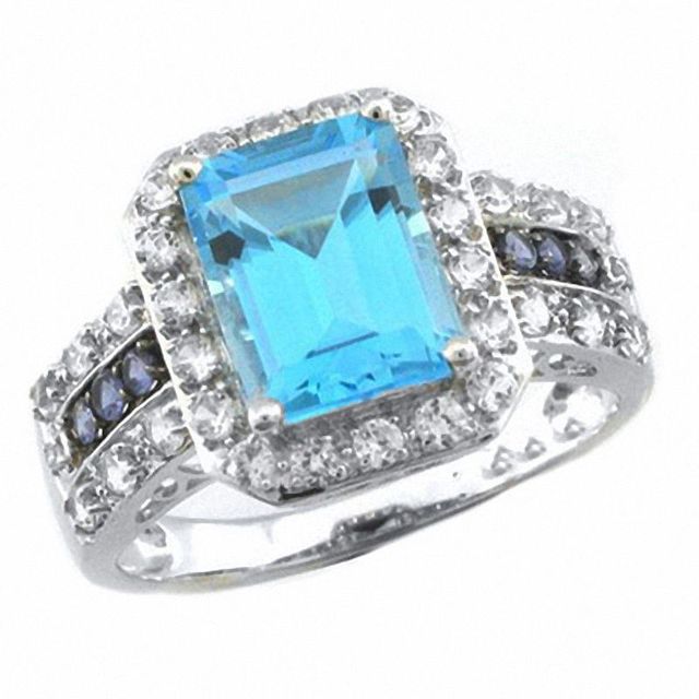 Emerald-Cut Blue Topaz and Multi-Gemstone Ring in 14K White Gold with Diamonds|Peoples Jewellers